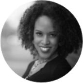 Black and white, circle-cropped headshot of Karen, Lead Social Media Marketing Strategist